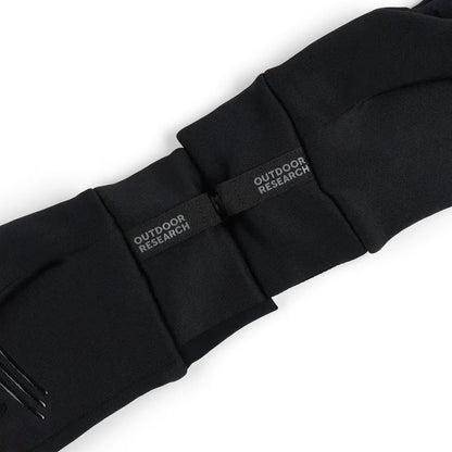 A close-up of the black Outdoor Research Men's Vigor Midweight Sensor Gloves showing the brand labels and stitching against a white background.