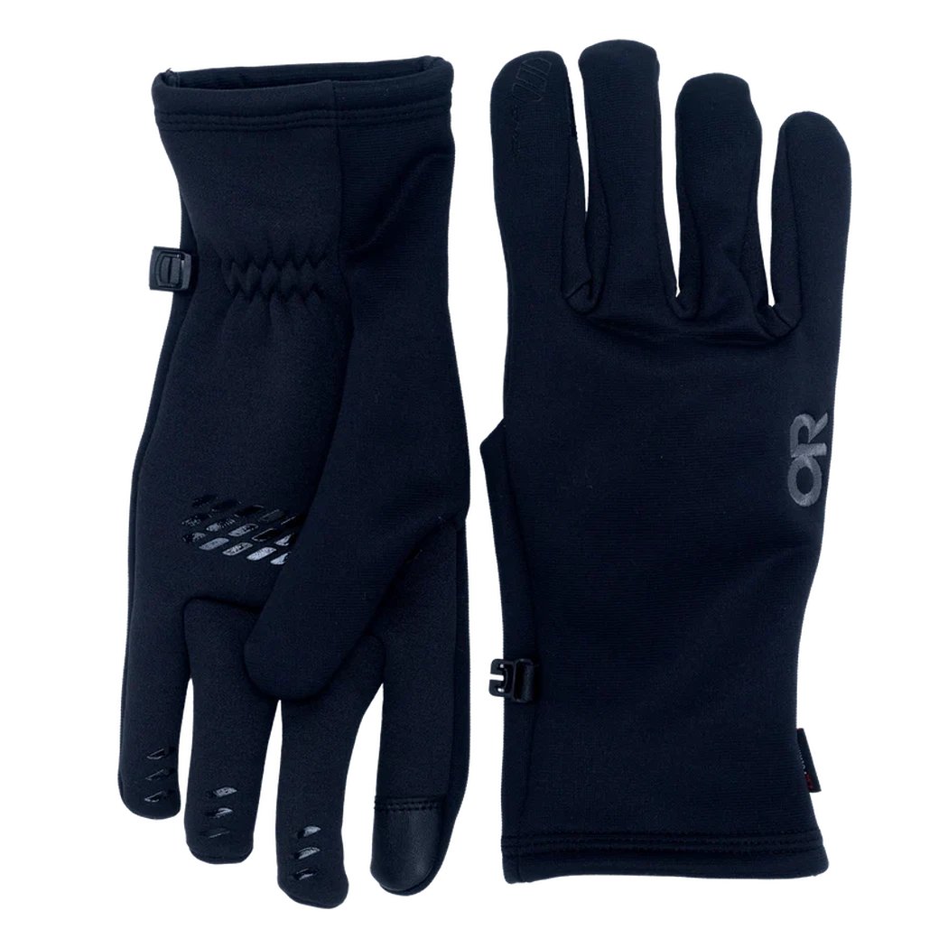 Black Outdoor Research Women's Backstop Sensor Windpro Gloves shown from front and back with a white background.