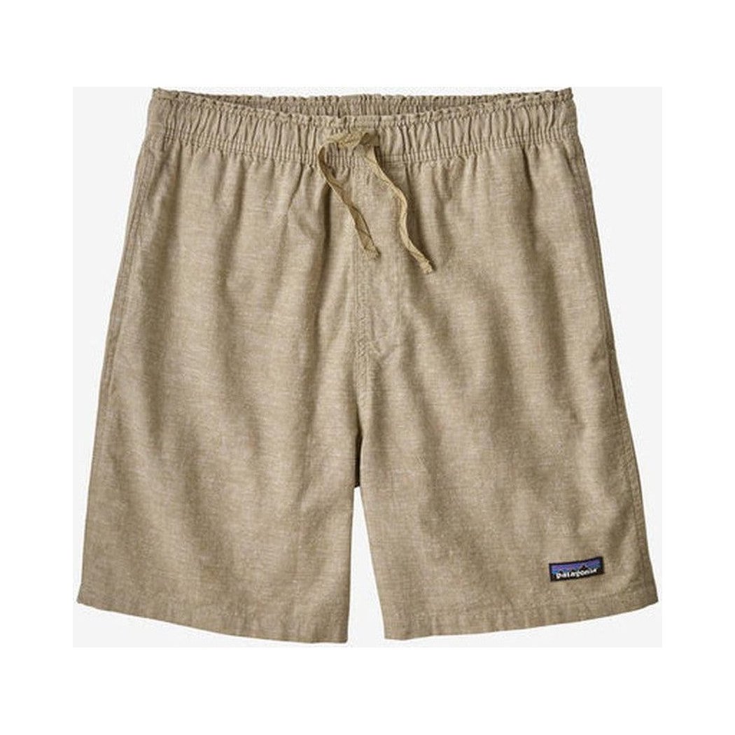 A front view of the Patagonia Men's Baggies Naturals in Chambray: Feather Grey with a drawstring waist and a small logo patch on the lower right leg, set against a plain white background.