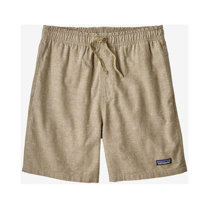 A front view of the Patagonia Men's Baggies Naturals in Chambray: Feather Grey with a drawstring waist and a small logo patch on the lower right leg, set against a plain white background.