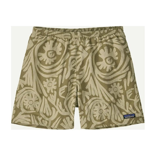The front view of the Patagonia Men's Baggies Shorts 5 in in Earthen: Weathered Stone shows the elastic waistband and floral pattern against a white background.