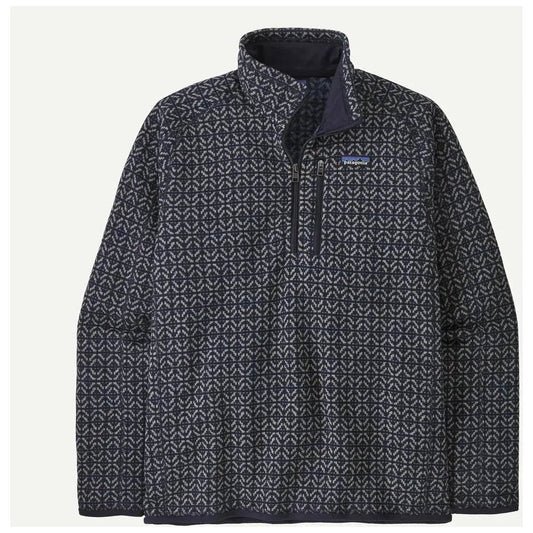A front view of the Patagonia Men's Better Sweater 1/4 Zip in Scales: Sunken Blue with a geometric pattern and a blue logo on the chest.