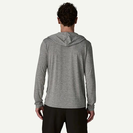 Back view of the Patagonia Men's CapCool Daily Hoody - Strataspire Stripe in Feather Grey on a model against a plain white background.