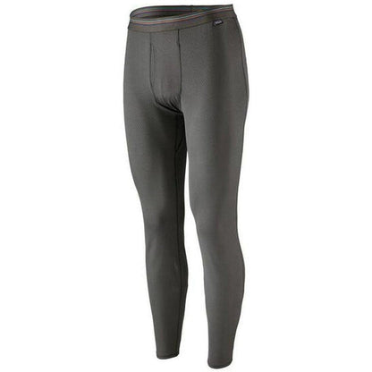 Side view of the Patagonia Men's Capilene Midweight Bottoms in Black against a white background.