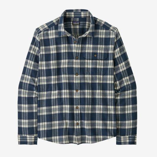 A front view of the Patagonia Men's Long Sleeve Cotton in Conversion Light Weight Fjord Flannel Shirt in Base Camp: New Navy with a plaid pattern and a chest pocket.