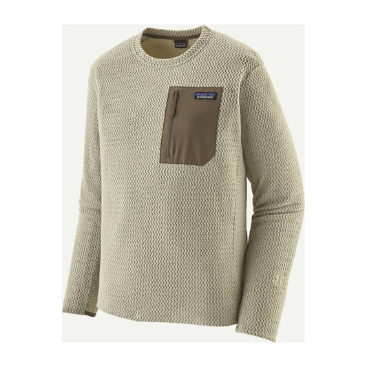 A front view of the Patagonia Mens R1 Air Crew in Pelican showing the chest pocket and textured fabric against a plain background.