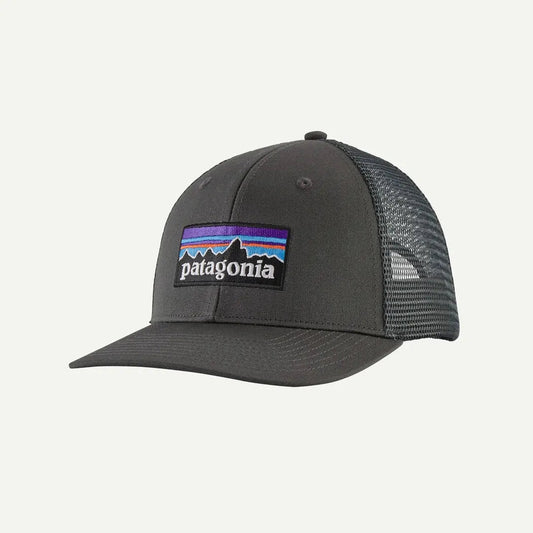 A front view of the Patagonia P-6 Logo Trucker Hat in FGE color with mesh back and logo patch against a white background.