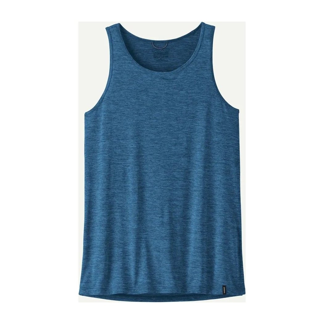 A front view of the Patagonia Women's Cap Cool Daily Tank in Aquatic Blue - Light Aquatic Blue X-Dye against a white background.