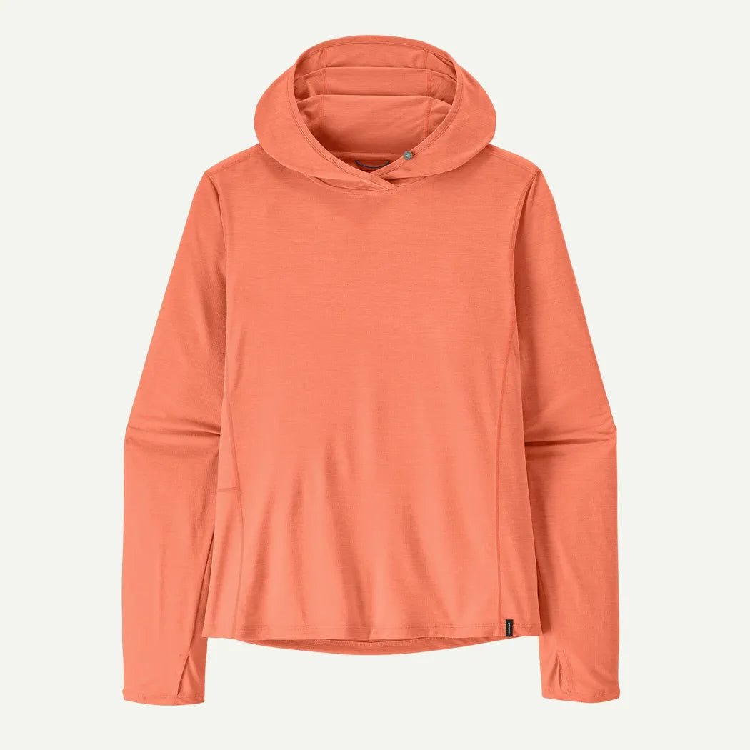 A front view of the Patagonia Women's Cap Cool Sun Hoody in Mellow Melon - Peach Sherbet X - Dye against a white background.