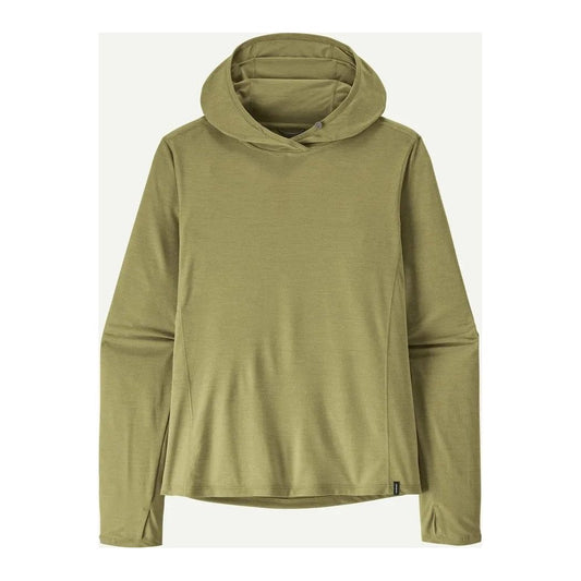 A front view of the Patagonia Women's Cap Cool Sun Hoody in Mellow Melon - Peach Sherbet X - Dye against a white background.