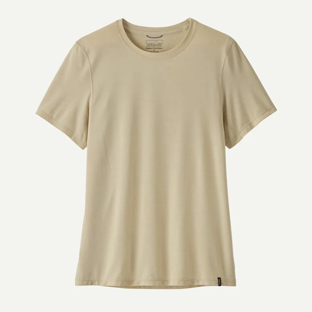 A front view of the Patagonia Women's Cap Cool Ultra Shirt in Pumice - Dyno White X - Dye against a plain white background.