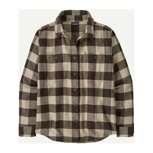 A front view of the Patagonia Women's Fjord Flannel Shirt in Buffalo Check: Otter Brown against a white background.