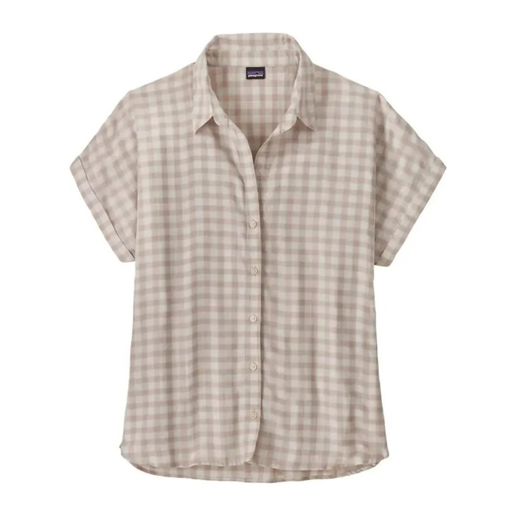 A front view of the Patagonia Women's Lightweight A/C Shirt in Beeswax Tan with a white background.