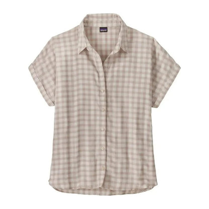 A front view of the Patagonia Women's Lightweight A/C Shirt in Beeswax Tan with a white background.