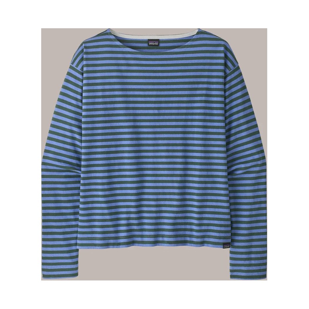 A front view of the Patagonia Women's Long Sleeve Mariner Top in Even Stripe Diver Blue against a neutral background.