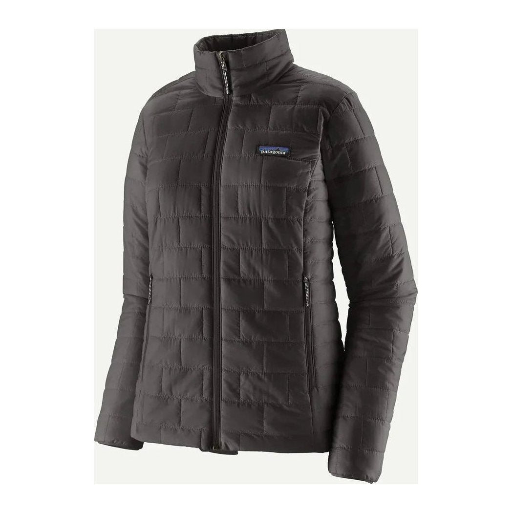 A front view of the Patagonia Women's Nano Puff Jacket in Black with a high collar and a chest pocket logo.