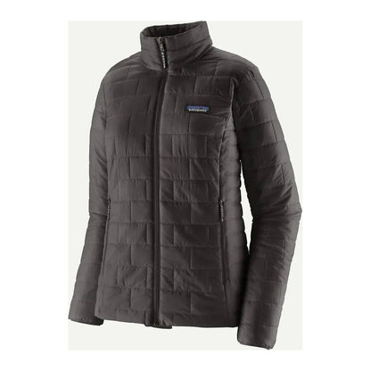 A front view of the Patagonia Women's Nano Puff Jacket in Black with a high collar and a chest pocket logo.
