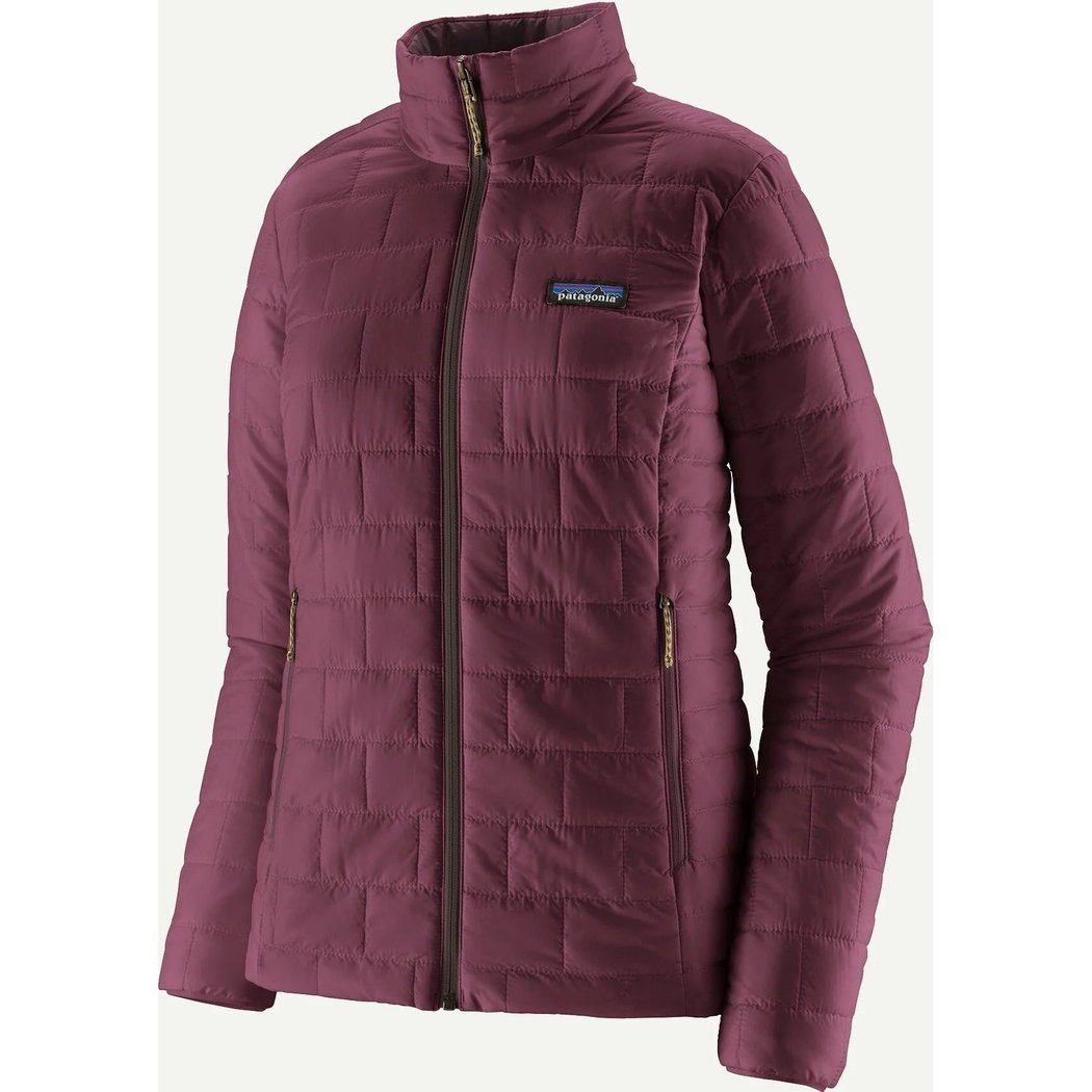 A front view of the Patagonia Women's Nano Puff Jacket in Black with a high collar and zippered pockets.