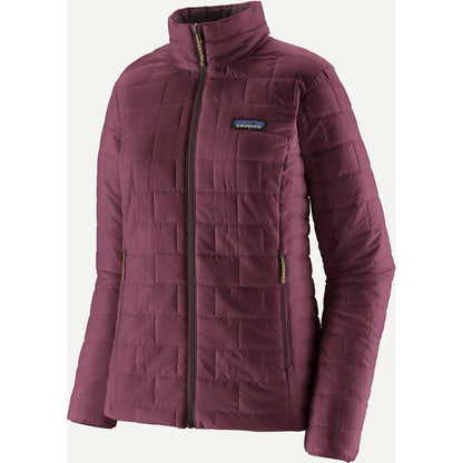 A front view of the Patagonia Women's Nano Puff Jacket in Black with a high collar and zippered pockets.