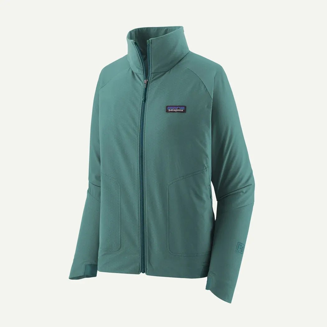 A front view of the Patagonia Women's R1 CrossStrata Jacket in Black with a high collar and zip closure against a plain white background.