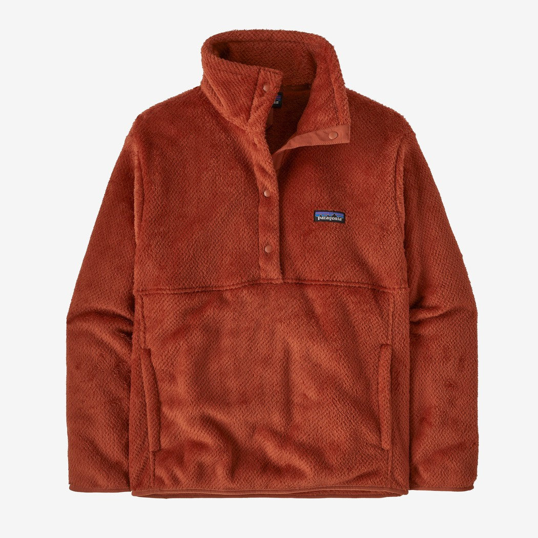 A front view of the Patagonia Women's Re-Tool Half Snap Pullover in Dark Natural with a high collar and chest pocket against a white background.