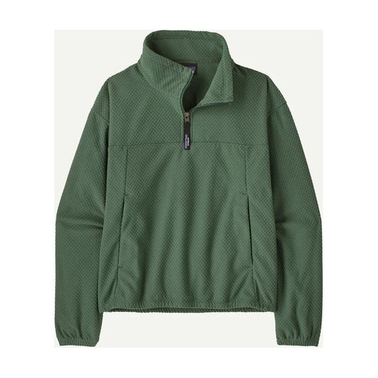 A front view of the Patagonia Womens Textured Fleece Pullover in Canopy Green showing the half-zip and front pockets against a light background.
