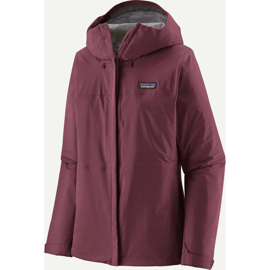 A front view of the Patagonia Women's Torrentshell 3L Jacket in Aqua Stone with a hood and logo patch, against a plain white background.