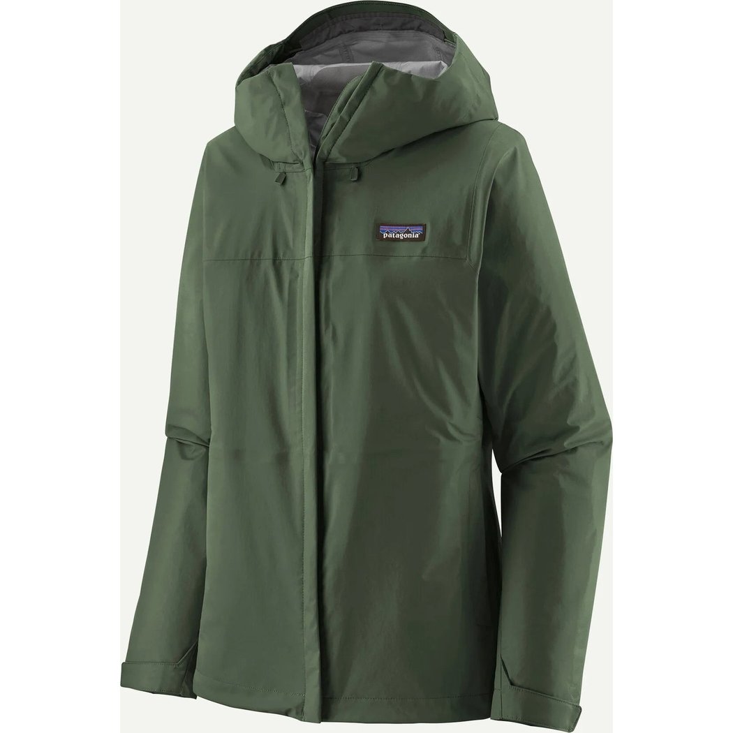 A front view of the Patagonia Women's Torrentshell 3L Jacket in Aqua Stone with a hood and chest pocket, displayed against a plain white background.