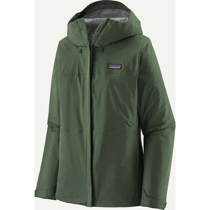 A front view of the Patagonia Women's Torrentshell 3L Jacket in Aqua Stone with a hood and chest pocket, displayed against a plain white background.