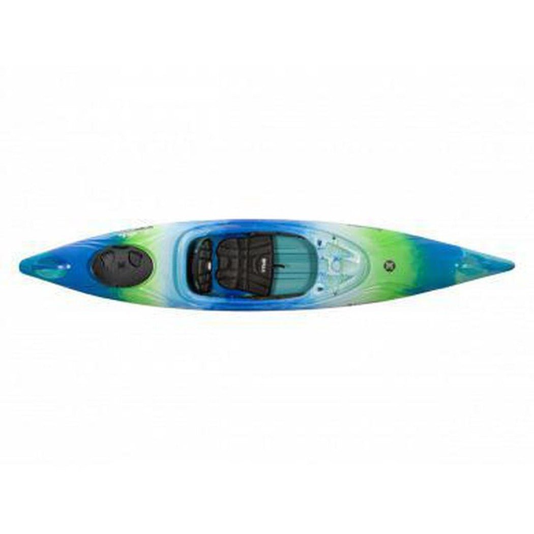 A top-down view of the Perception Joyride 12.0 kayak in Dapper color with a black seat and a white background.