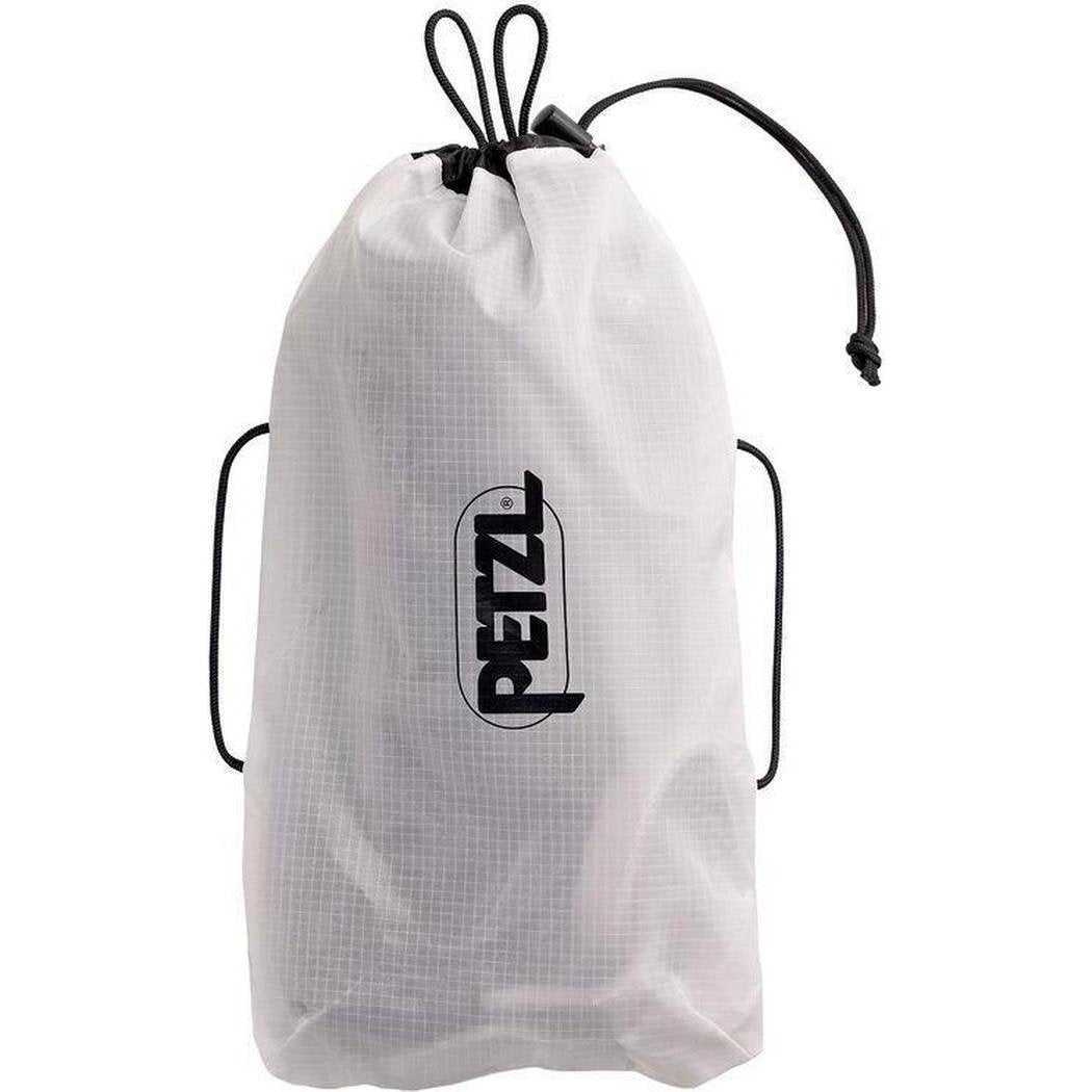 A front view of the Petzl Adjama men's climbing harness in Dark Red with black straps and a drawstring closure against a white background.