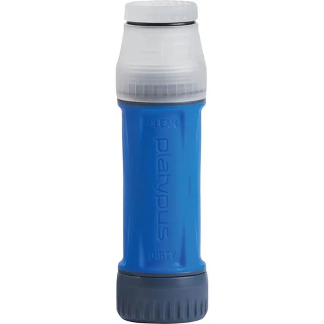 A front view of the blue Platypus Quickdraw Filter with a gray cap and base against a white background.