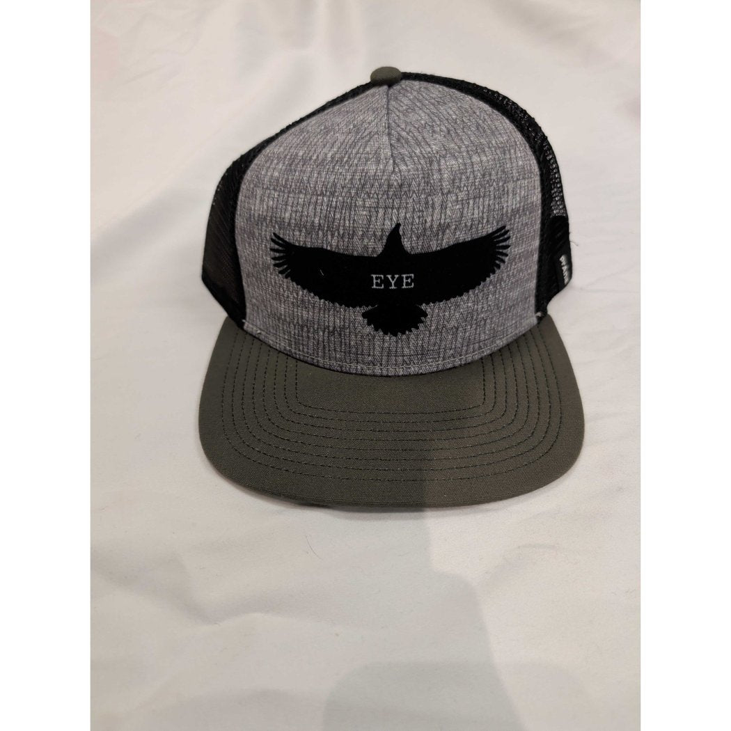 Front view of the Prana Journeyman Flat Brim-SAMPLE in ChrclSaltyDog showing the black eagle graphic on a gray front panel against a white background.