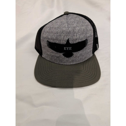 Front view of the Prana Journeyman Flat Brim-SAMPLE in ChrclSaltyDog showing the black eagle graphic on a gray front panel against a white background.