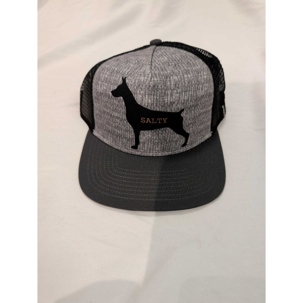 Front view of the Prana Journeyman Flat Brim-SAMPLE in ChrclSaltyDog showing the Salty dog logo on a gray front panel with black mesh sides and brim against a white background.