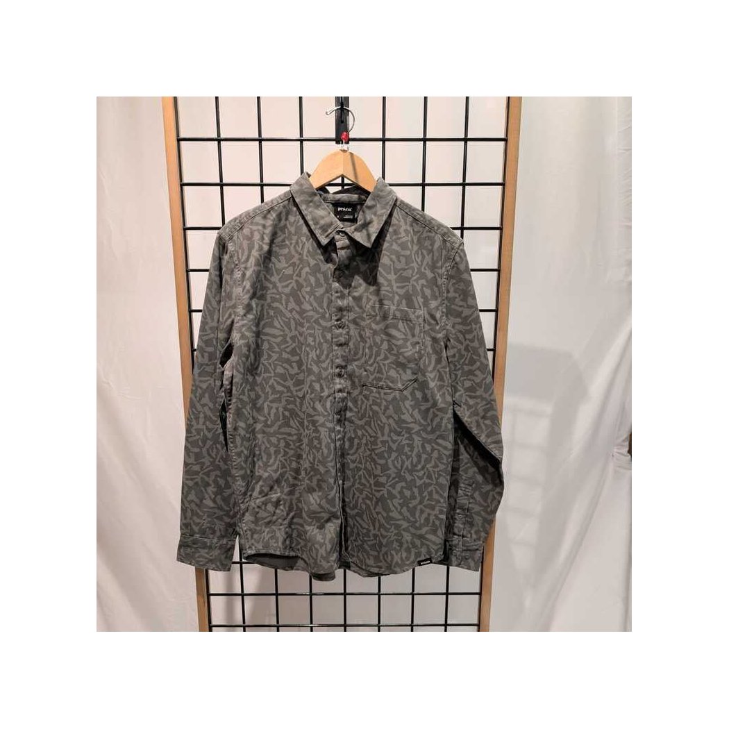 Front view of the Prana Mens Arbored LS Shirt-SAMPLE in Nori Freestyle hanging on a wooden hanger against a grid background.