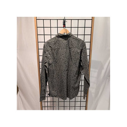 Back view of the Prana Mens Arbored LS Shirt-SAMPLE in Nori Freestyle hanging on a grid wall with a wooden hanger.
