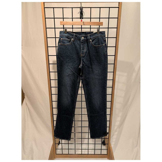 Front view of the Prana Mens Carlsbad 760 Standard Jean-SAMPLE in Lagoon/32 hanging on a grid display with a wooden hanger.