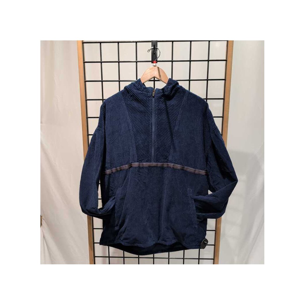 Back view of the Prana Mens Durado Cord Anorak-SAMPLE in Capulet Blue hanging on a wooden hanger against a grid background.