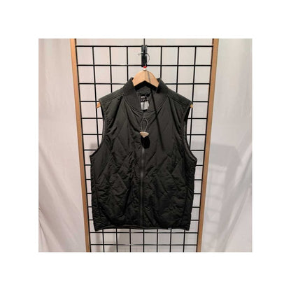 Front view of the Prana Mens Encinitas Reversible Vest-SAMPLE in Nori hanging on a grid wall with a wooden hanger.
