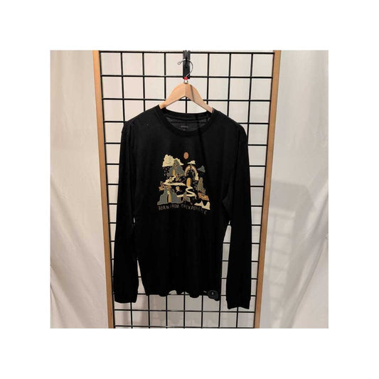 BlackWanderingW Prana Mens Everyday Graphic LS-SAMPLE long-sleeve shirt hanging on a wooden hanger against a grid wall.