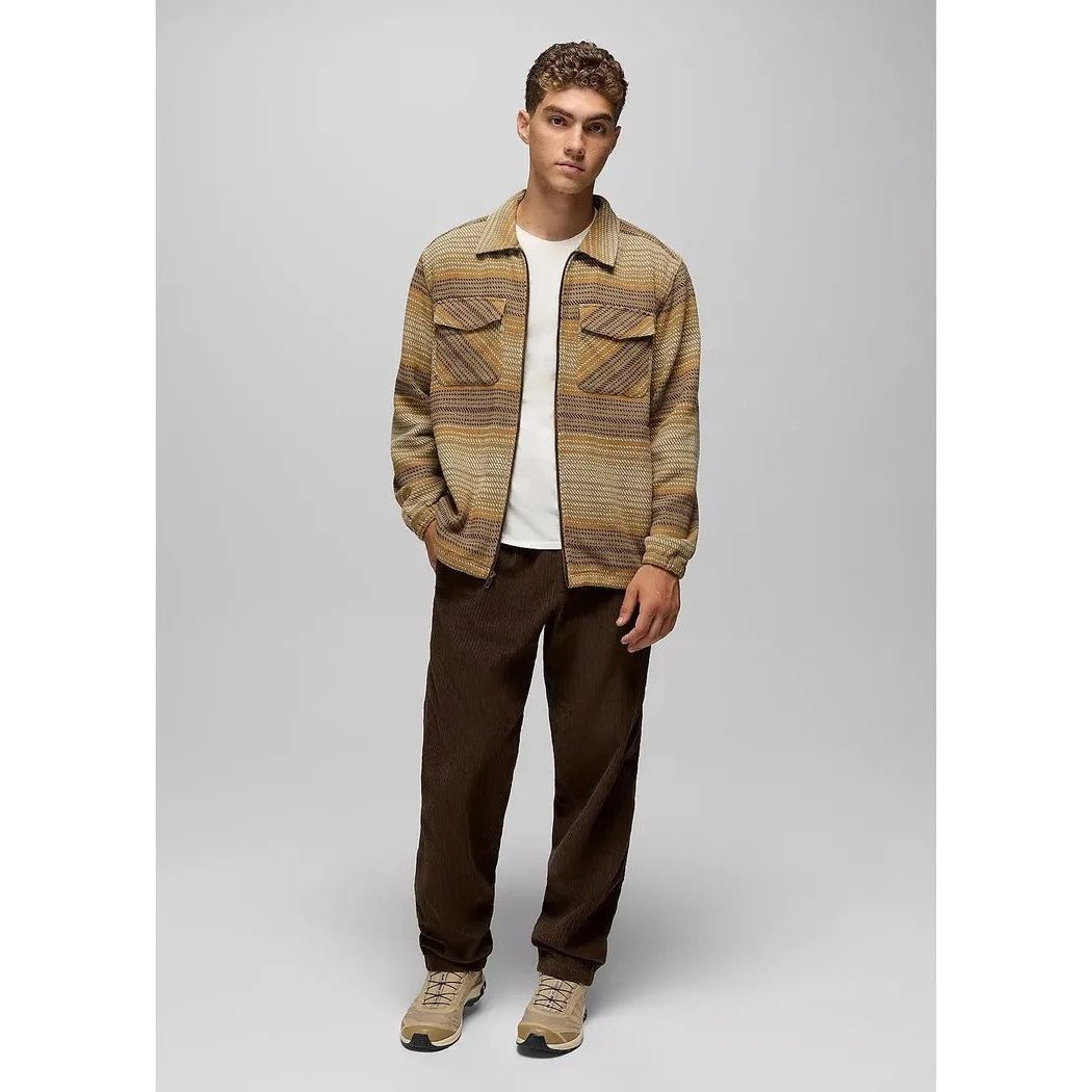 A front view of the Prana Men's Heritage Zip Flannel in Dark Roast on a model against a light gray background.