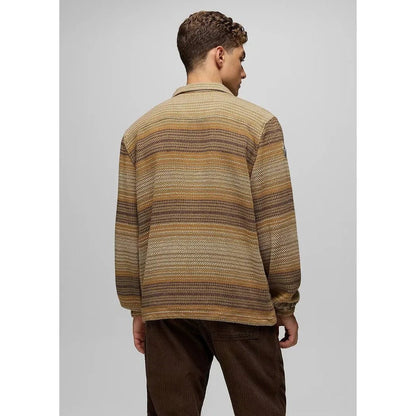Back view of the Prana Men's Heritage Zip Flannel in Dark Roast on a model against a light gray background.