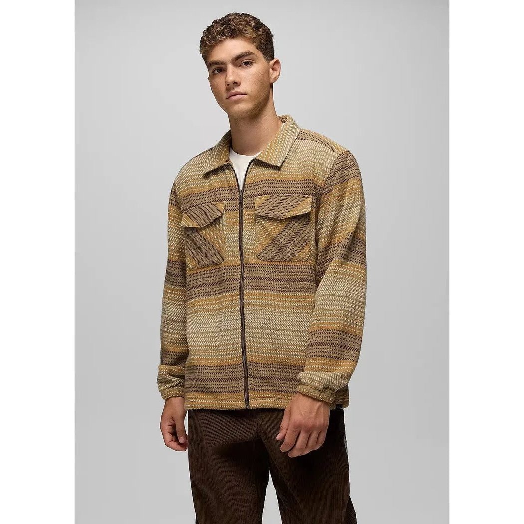 A front view of the Prana Men's Heritage Zip Flannel in Dark Roast on a model against a light gray background.