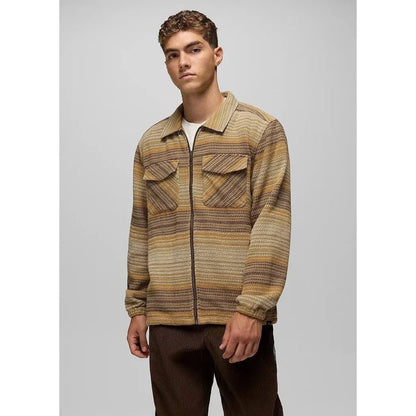 A front view of the Prana Men's Heritage Zip Flannel in Dark Roast on a model against a light gray background.