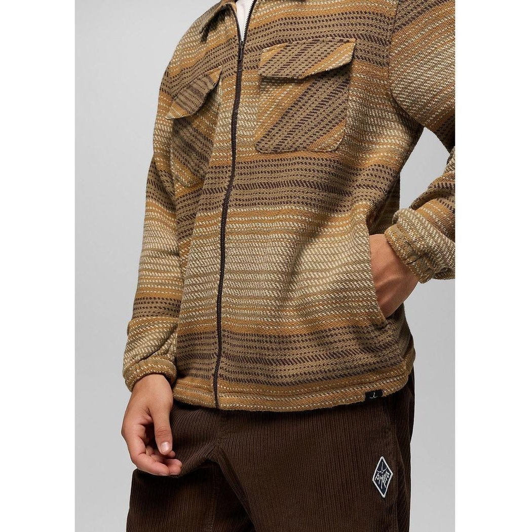 A front view of the Prana Men's Heritage Zip Flannel in Dark Roast showing the chest pockets and model wearing it against a light background.