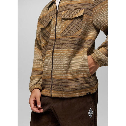 A front view of the Prana Men's Heritage Zip Flannel in Dark Roast showing the chest pockets and model wearing it against a light background.