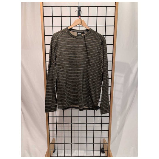 Front view of the Prana Mens Ronnie Crew II-SAMPLE in Nori Stripe hanging on a grid display with a white backdrop.