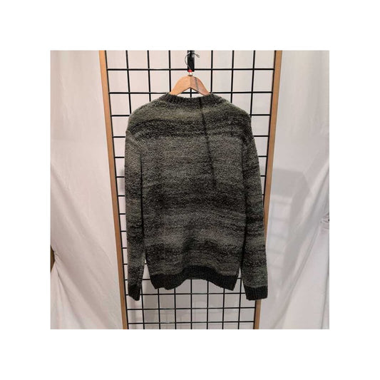 Back view of the Prana Mens Unbounded Sweater-SAMPLE in Nori hanging on a wooden hanger against a grid background.