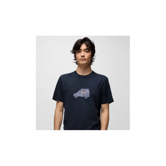 Front view of the Prana Mens Van Life Journeyman SS Tee-SAMPLE in Nautical on a model against a white background.